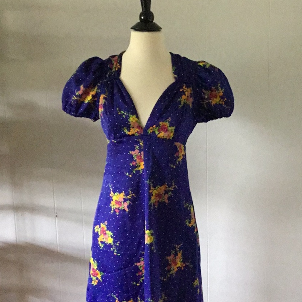 Vintage blue floral satin dress